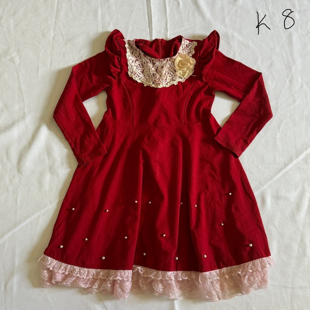 Girls Red Holiday Dress with Lace Trim and Pearls – Size 8